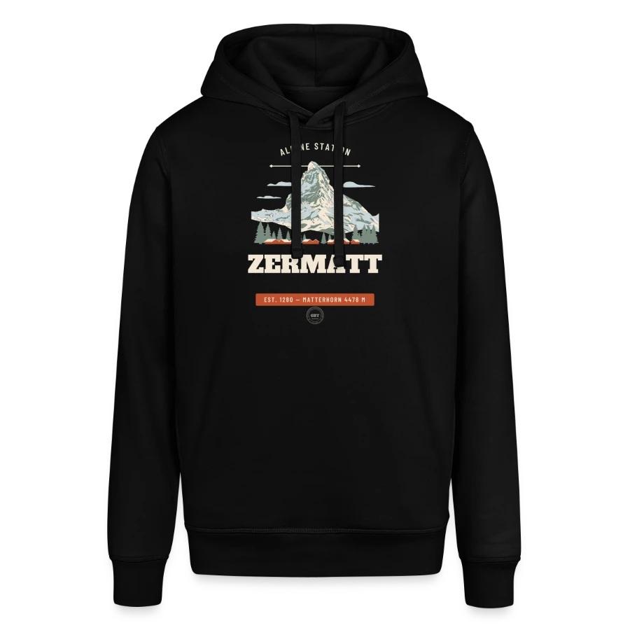 Zermatt badge on a stanley/stella sounder unisex hoodie, black