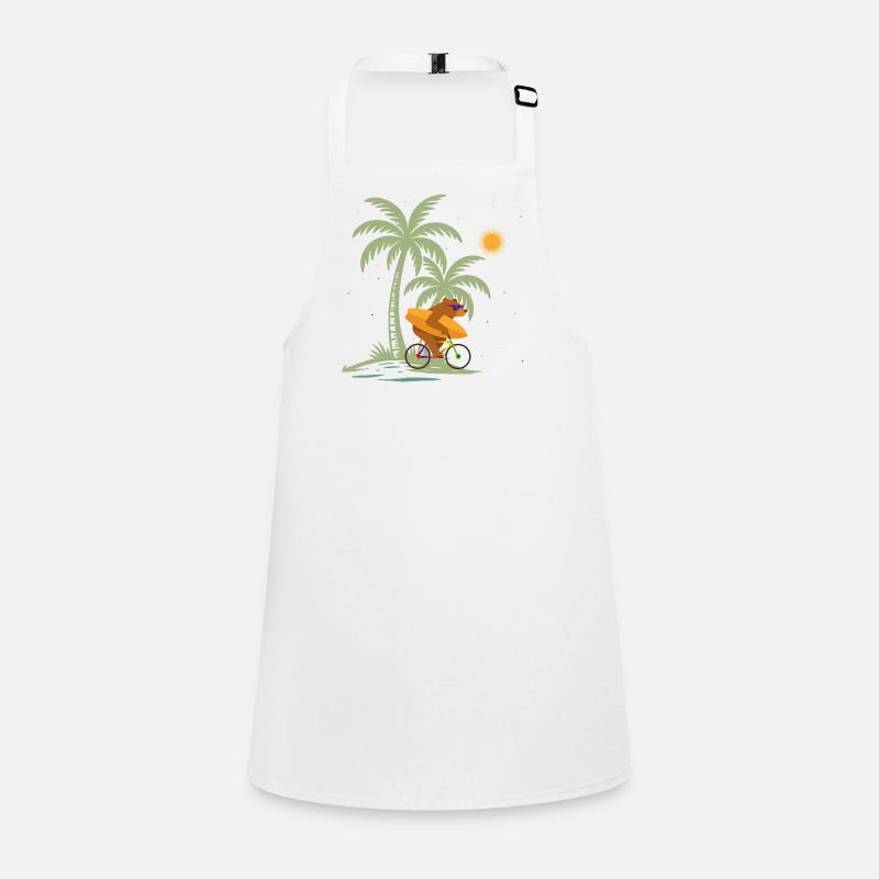 Bear with surfboard on bicycle under palm trees Children's Apron