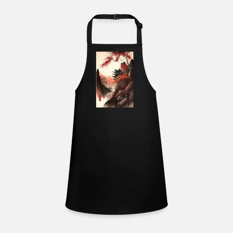 Chinese Landscape Red Black Ink Temple Children's Apron