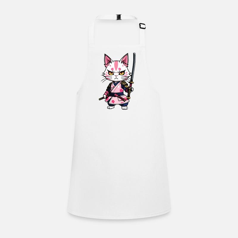 Samurai Cat & Cherry Blossoms #8 - Children's Apron - white