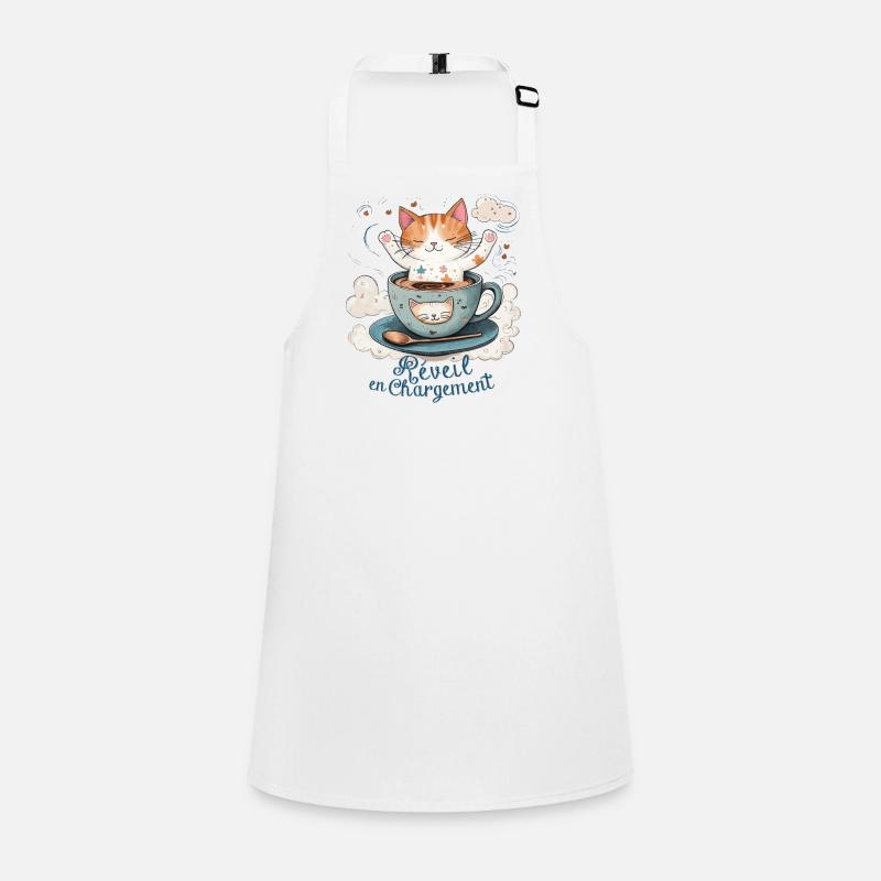 Wecker aufladen, Katzenhumor und Kaffeebecher Schürze für Kinder