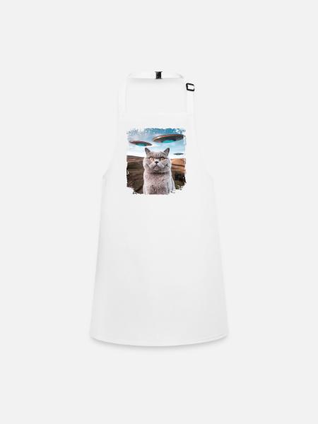 Funny British Shorthair Cat selfie with Alien UFOs - Children's Apron - white - Front