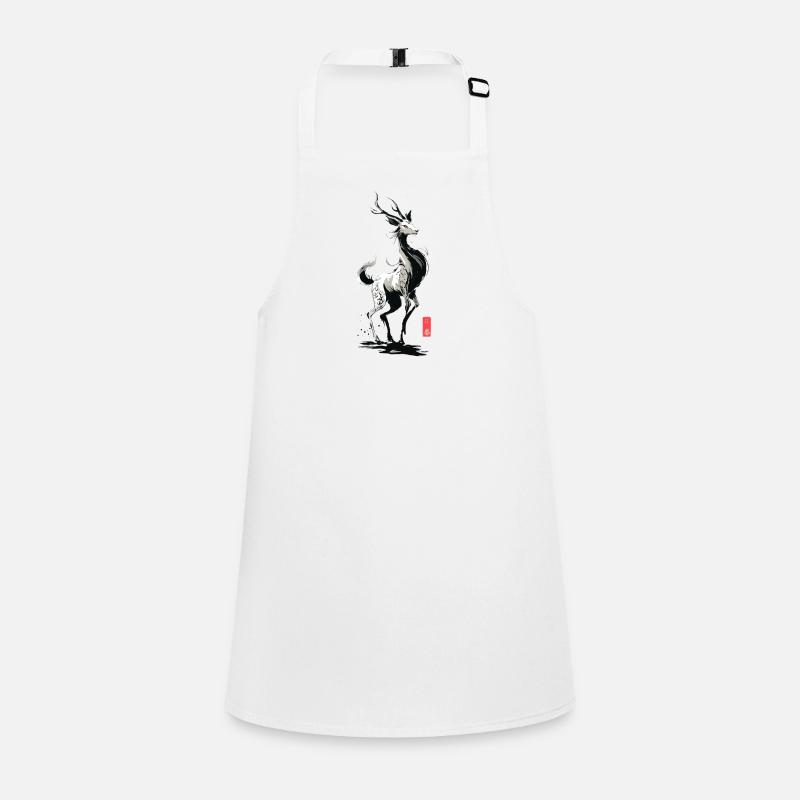 Sacred Qilin – Yokai Sumi-e Deer Cursed Ink Eyes - Children's Apron - white