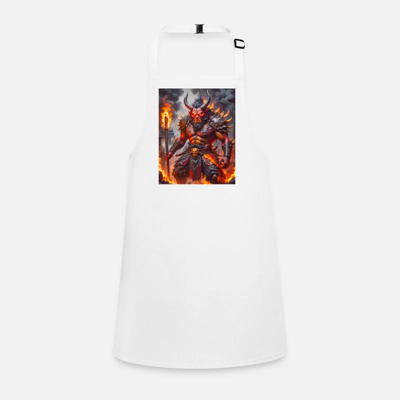 Grimmiger rothäutiger Oni schwingt eiserne Keule inmitten von Schürze für Kinder