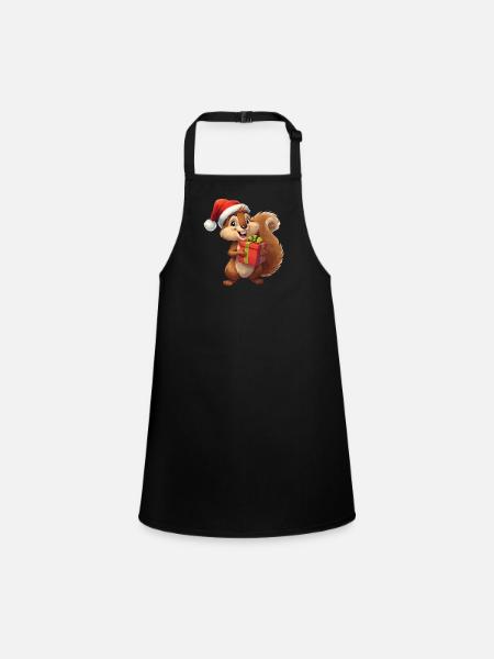 Weihnachts-Eichhörnchen mit Geschenk - Schürze für Kinder - Schwarz - Vorne