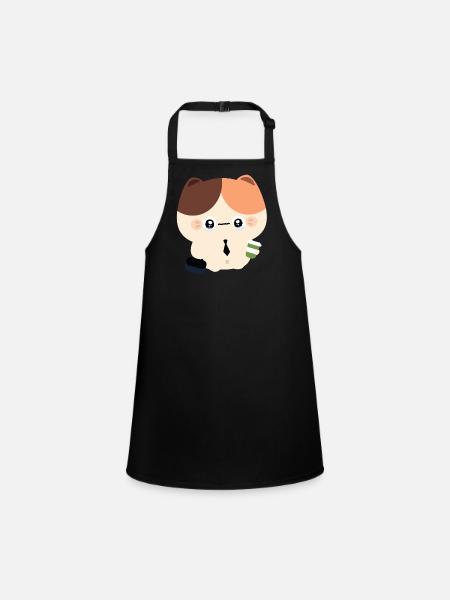 Kawaii Crying Cat with Coffee - Children's Apron - black - Front