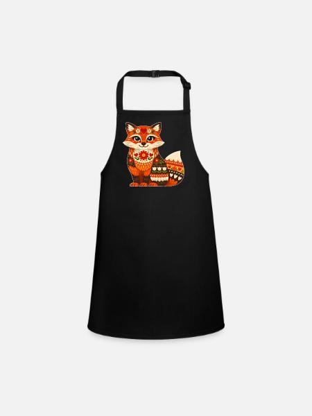 Colorful Fox in Folk Style - Children's Apron - black - Front
