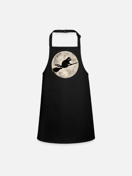 Raccoon on broom before full moon Halloween Funny - Children's Apron - black - Front