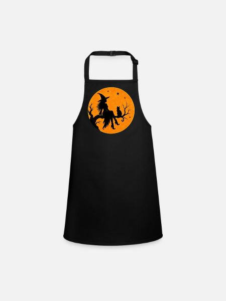 Halloween Witch with Cat in Full Moon T-Shirt Motif - Children's Apron - black - Front