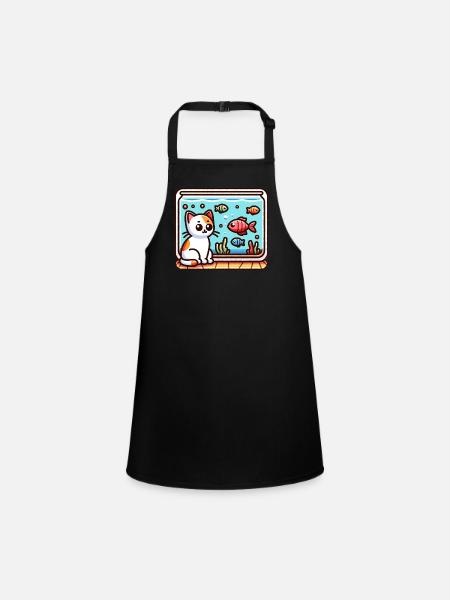 Cute Kitty looking at Fish in Aquarium - Children's Apron - black - Front