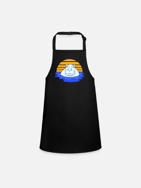 Hippopotamus Swimming Water Sun Cute Comic Cartoon - Children's Apron - black - Front