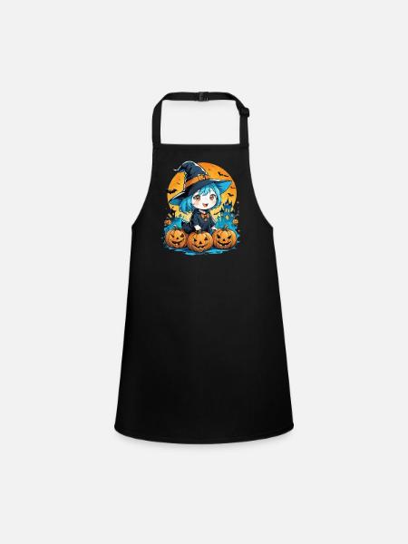 Halloween Witch and Pumpkin Manga - Children's Apron - black - Front