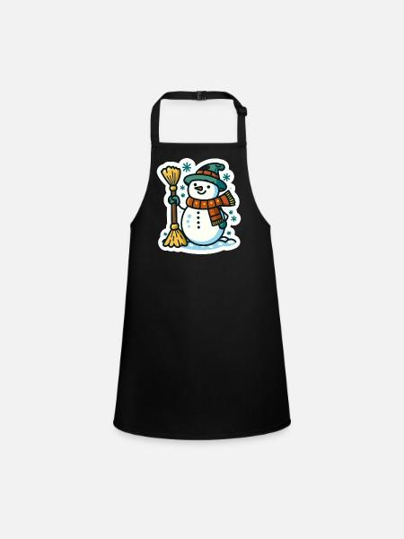Bonhomme de neige avec balai Un charmant design de saison d’hiver - Tablier Enfant - noir - Devant