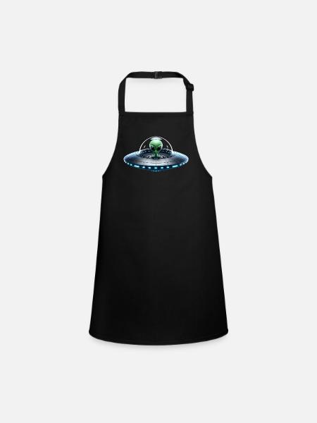 Green Alien in Spaceship - Children's Apron - black - Front