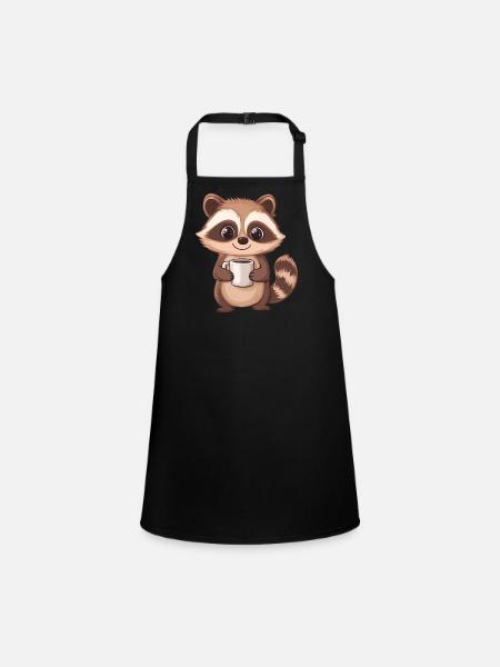 Cute Raccoon Holding Coffee Cup - Adorable design - Children's Apron - black - Front