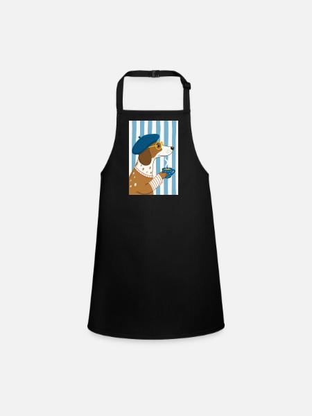 Schicker Hundekaffee und Baskenmütze - Schürze für Kinder - Schwarz - Vorne