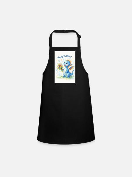 Blue Dragon with Bouquet of Flowers - Children's Apron - black - Front