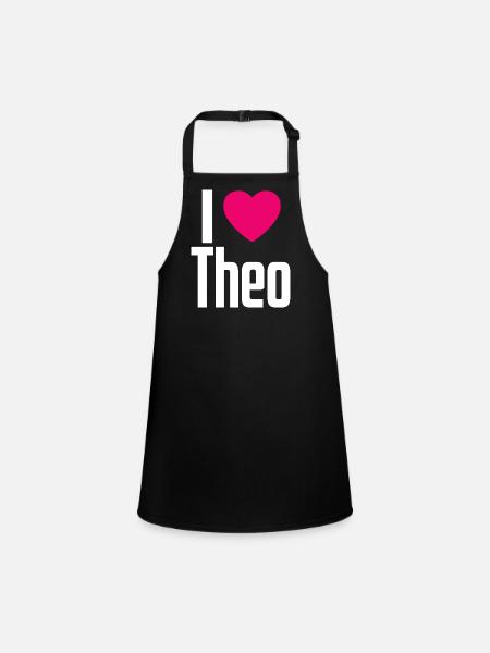 I Love Theo Pinkes Herz Ich liebe Theo - Schürze für Kinder - Schwarz - Vorne