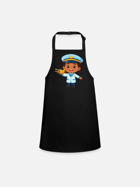 Kawaii Captain with Airplane – Cute Pilot Art - Children's Apron - black - Front
