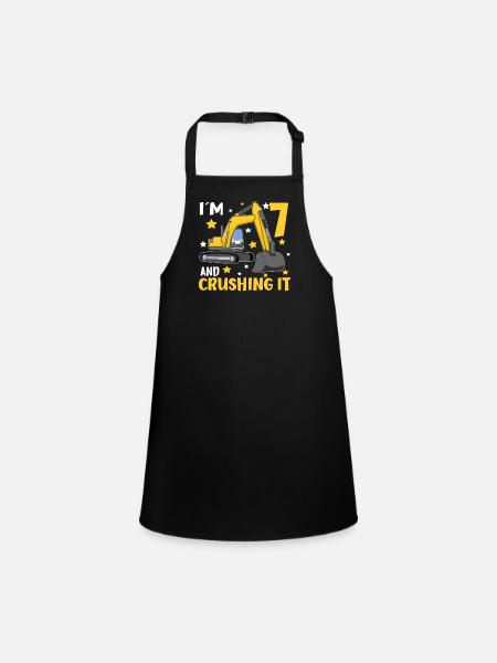 I am 7 And Crushing It Boys 7th Birthday Excavator - Children's Apron - black - Front