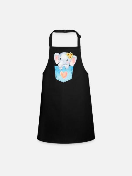 Baby elephant in breast pocket kawaii elephant - Children's Apron - black - Front