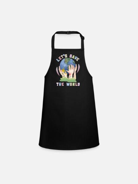 Environment Day, Kawaii Earth Saying Let's-save-the-world - Children's Apron - black - Front