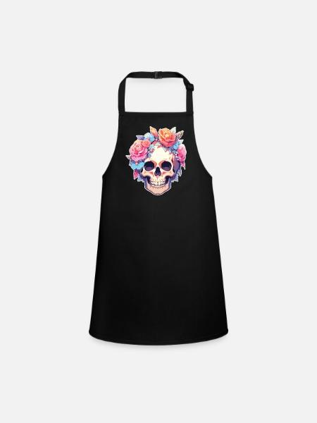 Skulls Skull Blumen Blumenschädel Totenschädel - Schürze für Kinder - Schwarz - Vorne