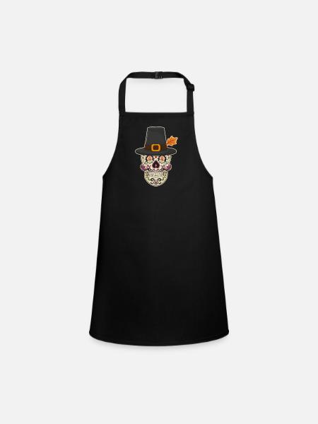 Pilgrim Sugar Skull Mexican Thanksgiving - Children's Apron - black - Front