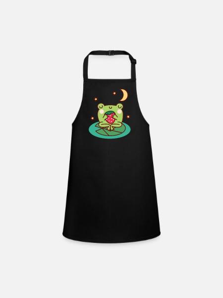 Frog with Strawberry on Lily Pad - Children's Apron - black - Front
