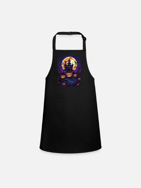 Spooky Night: Pumpkins, Moon and Haunted Castle - Children's Apron - black - Front