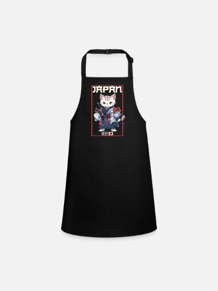 Asia Cat Japanese Samurai Samurai - Children's Apron - black - Front