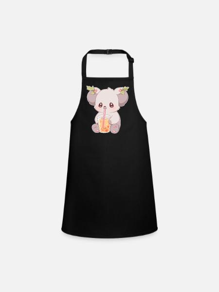 Kawaii Koala trinkt Boba Bubble Tea Chibi - Schürze für Kinder - Schwarz - Vorne