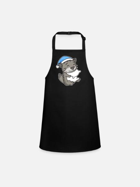 Sleeping Tired - Cat with Pillow and Sleepy Cap - Children's Apron - black - Front