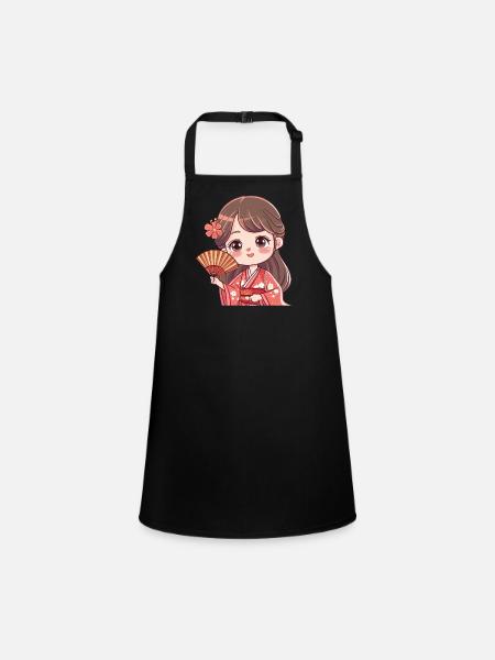 Süße Kirschblüten Kimono Figur - Schürze für Kinder - Schwarz - Vorne