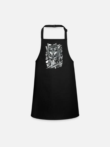 Wolf with Green Eyes in Geometric Style - Children's Apron - black - Front