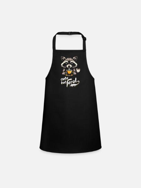 Cute but feral raccoon coffee cartoon design - Children's Apron - black - Front