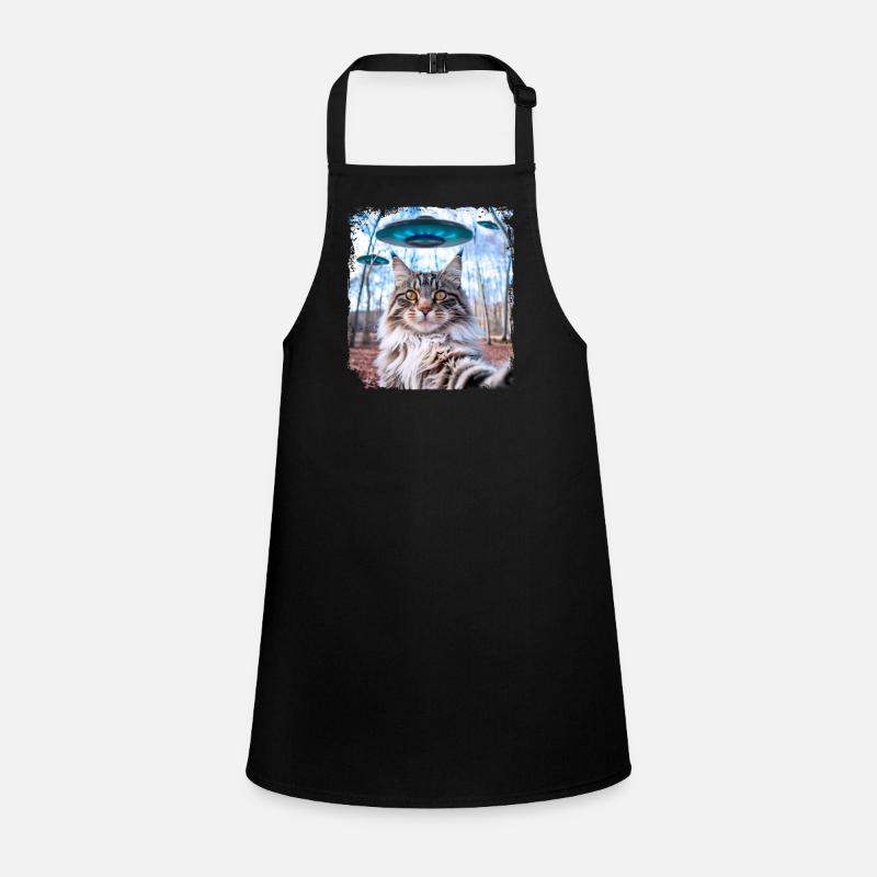 Weird Funny Main Coon Cat Selfie with Alien UFOs. Children's Apron