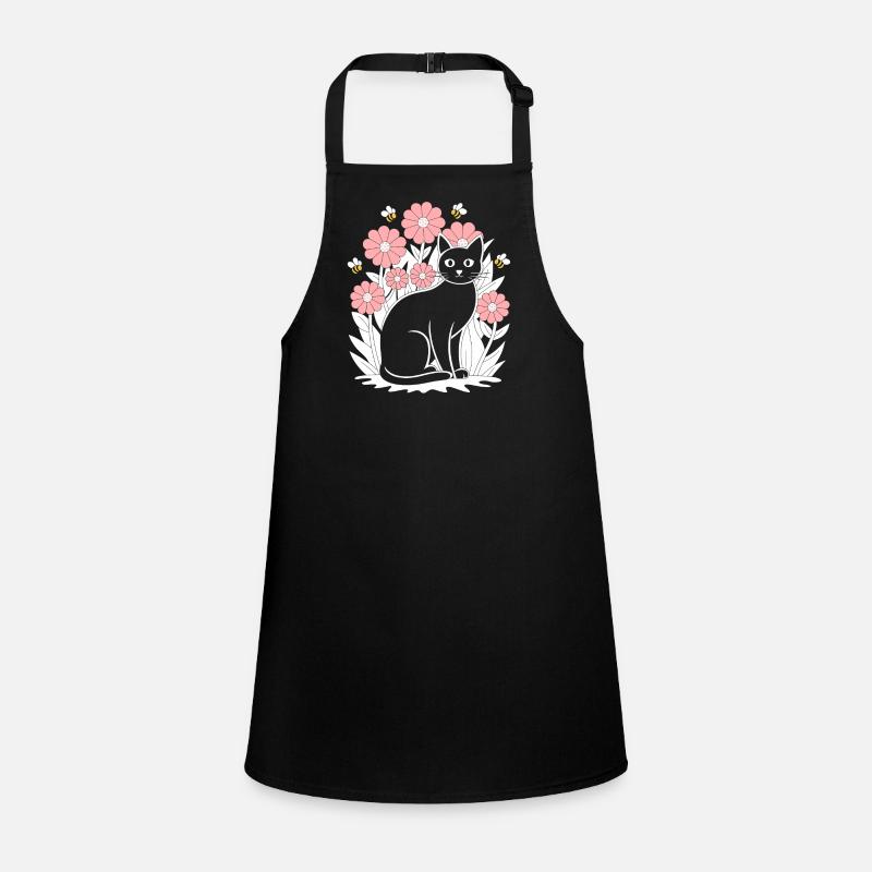 Cottagecore Idylle: Schwarze Katze mit Blumen und Schürze für Kinder