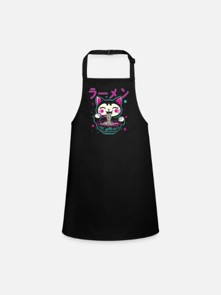 Cat, Ramen, Japanese Noodles, Funny Kawaii - Children's Apron - black