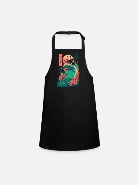 Panda Bear Animal Japanese Surfing Flower Sunset - Children's Apron - black