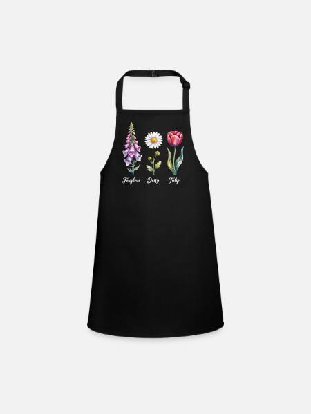 Three Favorite Flowers - Foxglove, Daisy, Tulip - Children's Apron - black - Front