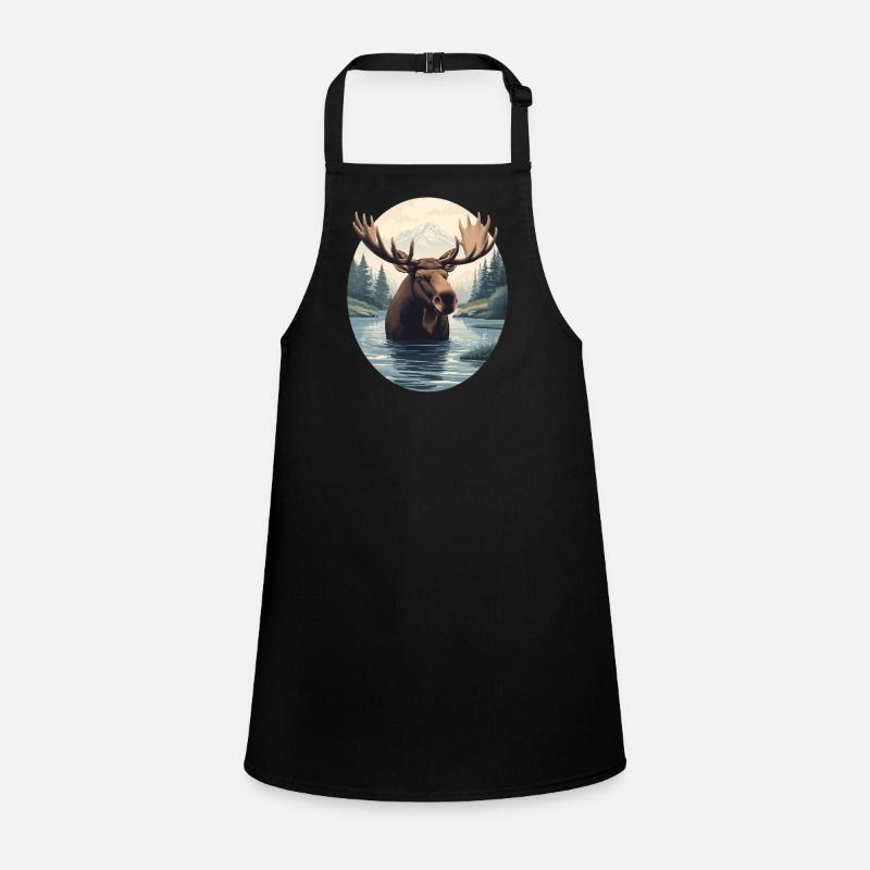 Moose Illustration in Mountain River Landscape Children's Apron