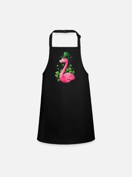 Flamingo mit Shamrock-Hut - Schürze für Kinder - Schwarz - Vorne