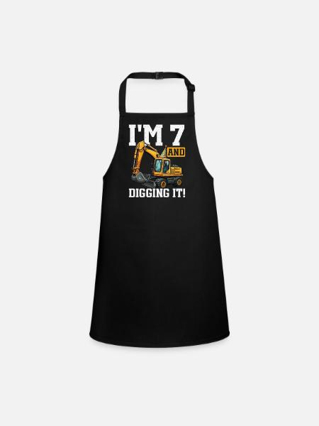 7 Years Old And Digs Excavator Birthday Design - Children's Apron - black - Front