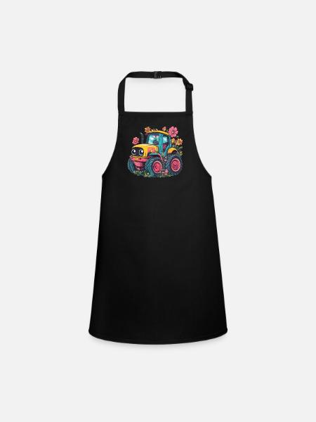 Fröhlicher Blumen-Traktor - Schürze für Kinder - Schwarz