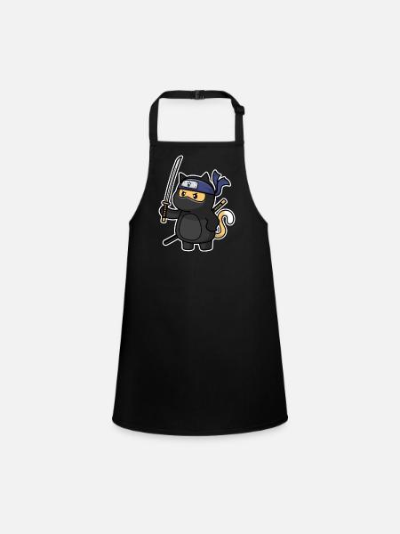 Humor Süße Katze Kawaii Chibi als Ninja Katze - Schürze für Kinder - Schwarz - Vorne