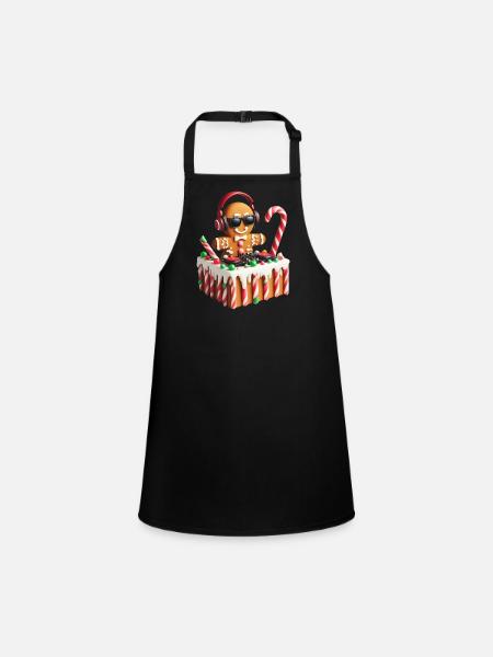 Gingerbread DJ Booth Christmas Holiday Candy Cane - Children's Apron - black - Front