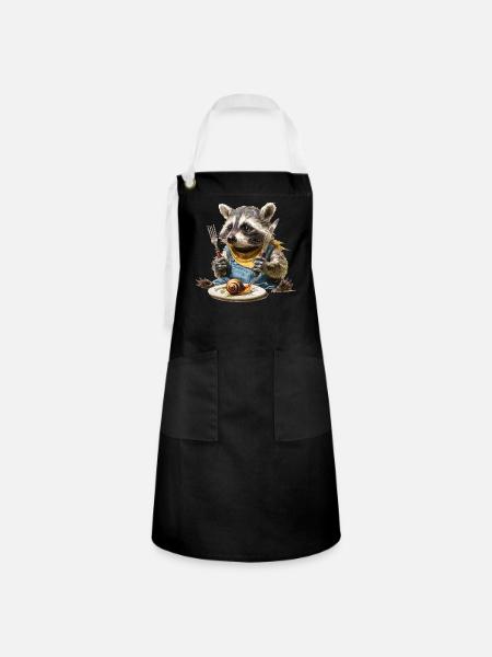 Waschbär-Küchenchef mit Gabel und Messer - Kontrastschürze - Schwarz/Weiß