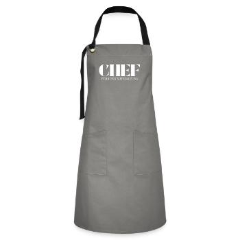 Chef Spruch Führung Mit Haltung - Kontrastschürze - Grau/Schwarz - Vorne - Zoe (177cm)