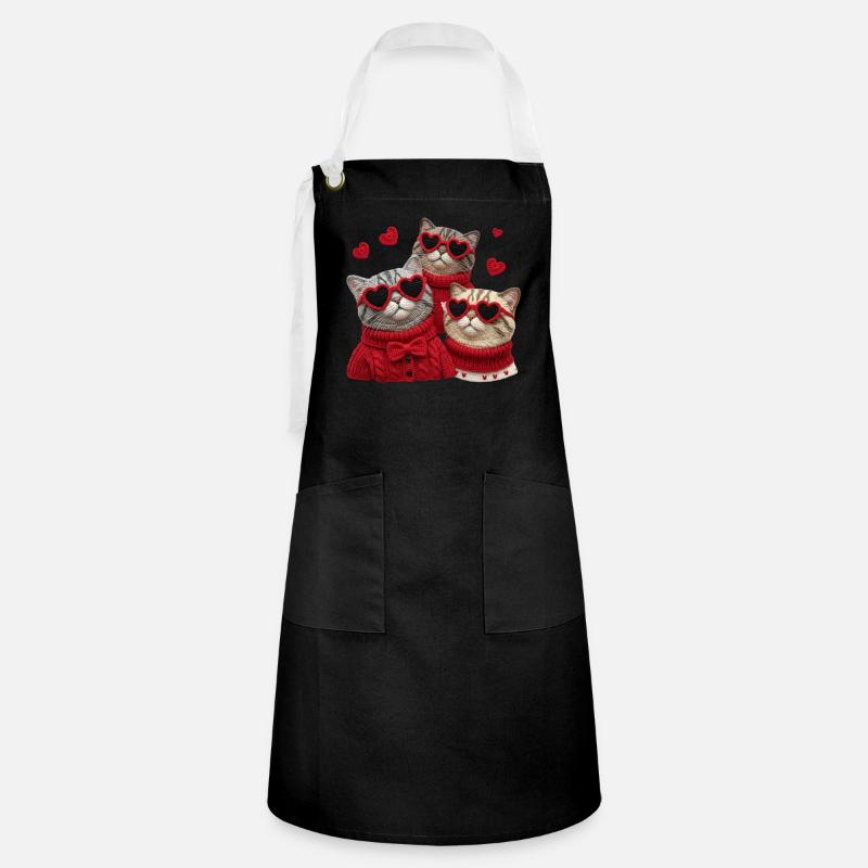Les chats de la Saint-Valentin avec des lunettes en forme de cœur et des pulls - Tablier contrasté - noir/blanc